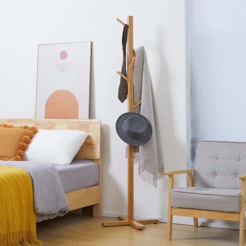 Cabide de Pé em Bambu com 8 Ganchos para Pendurar Bolsas e Chapéus no Corredor Entrada Quarto 49,5x49,5x178 cm Madeira