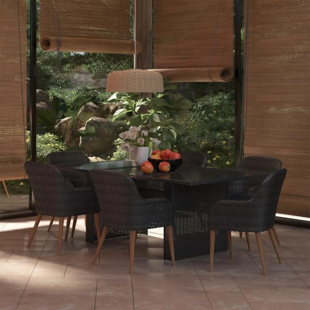 7 pcs conjunto de jantar para jardim vime PE preto