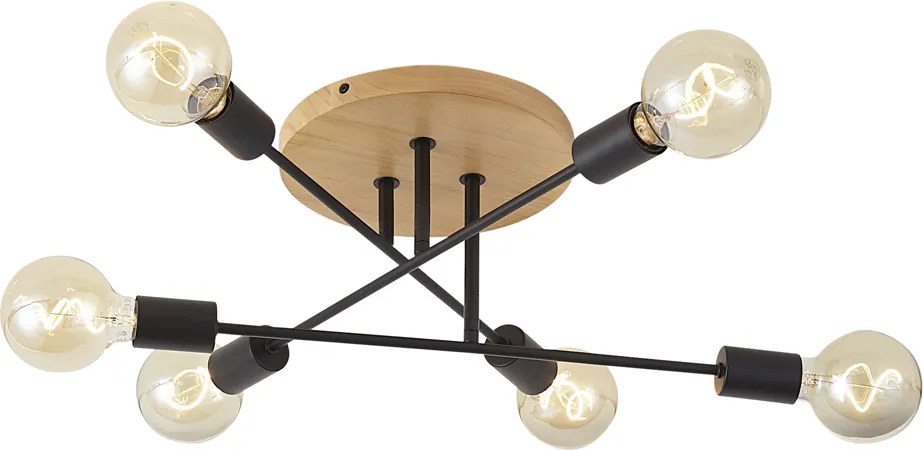 Plafón Art Déco Preto com Madeira 6-Luzes - Sydney