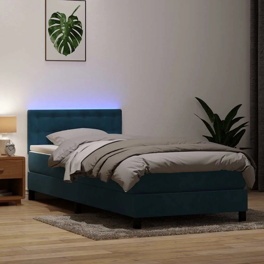 vidaXL Cama box spring c/ colchão e LED 100x220 cm veludo azul-escuro