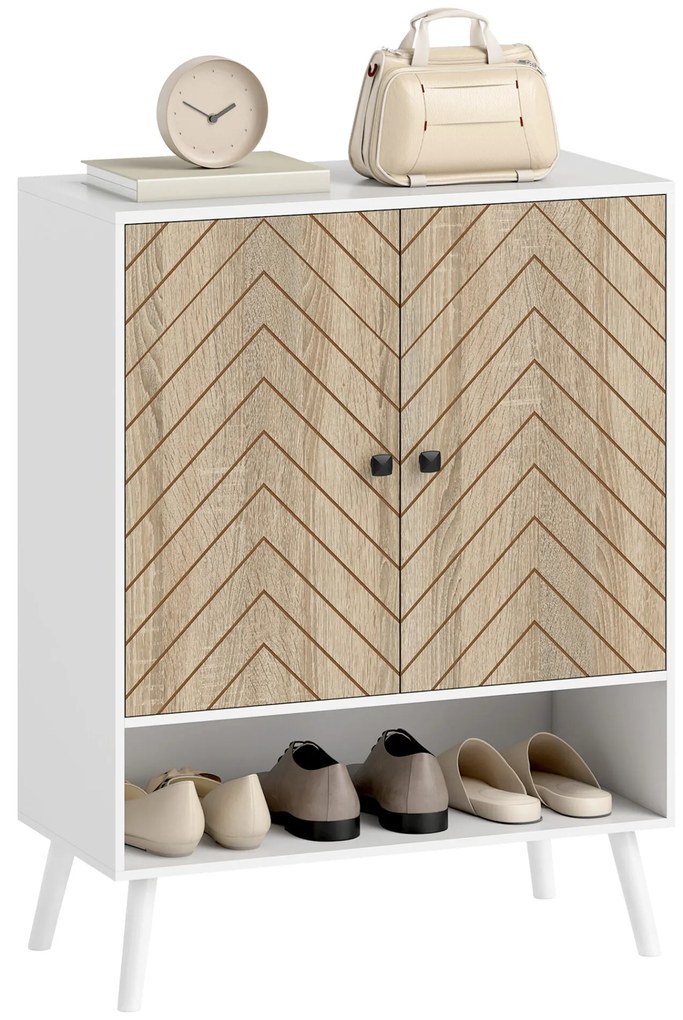 HOMCOM Sapateira de 2 Portas com Desenho em Espiga Sapateira para Entrada com Prateleiras Ajustáveis Compartimento Aberto para 15 Pares de Sapatos 75x35x97 cm Branco e Madeira