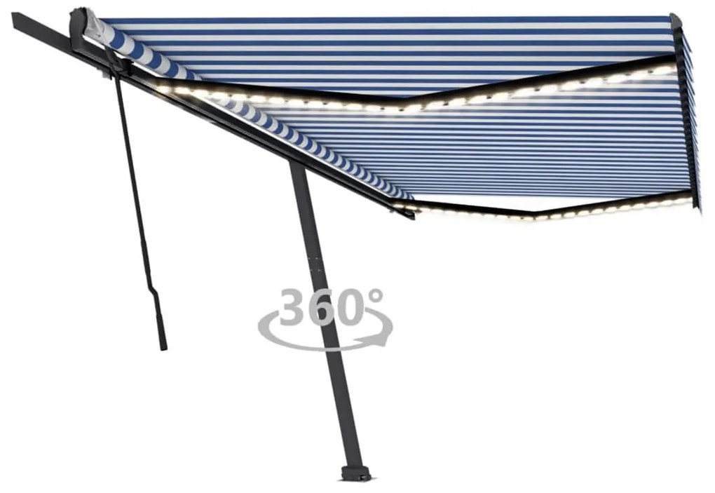 Toldo retrátil manual com LED 500x300 cm azul e branco