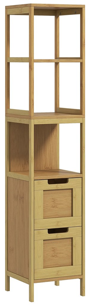 Kleankin Móvel Coluna de Arrumação para Casa de Banho Estilo Acolhedor 30x30x144 cm 3 Prateleiras 2 Gavetas Bambu | Aosom Portugal