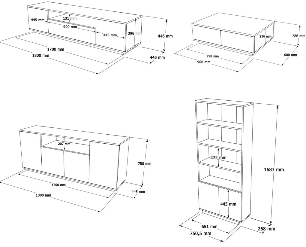 Conjunto de Mobiliário de Sala FR19 – Pinho Atlântico Branco – Diversa