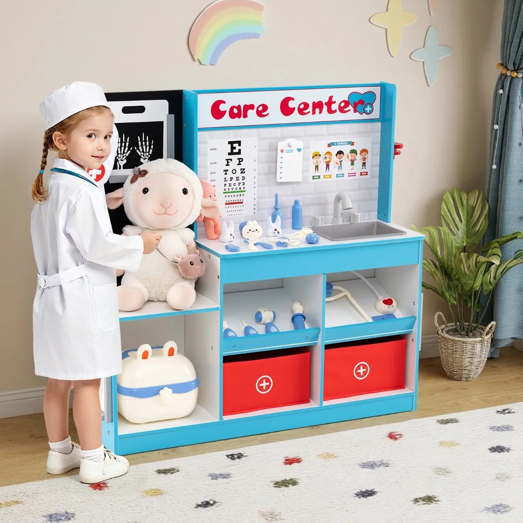 Consultório médico em madeira para Crianças 85 x 25 x 80 cm com área de exame, filme de raios X, monitor de ECG e tabela optométrica Azul
