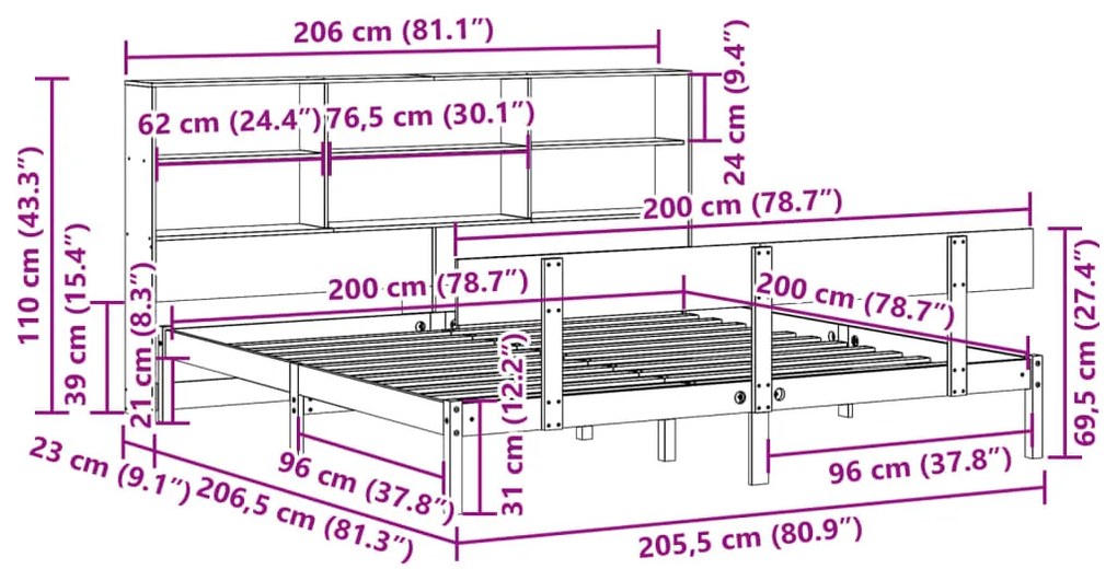 Cama com estante sem colchão 200x200 cm pinho maciço branco