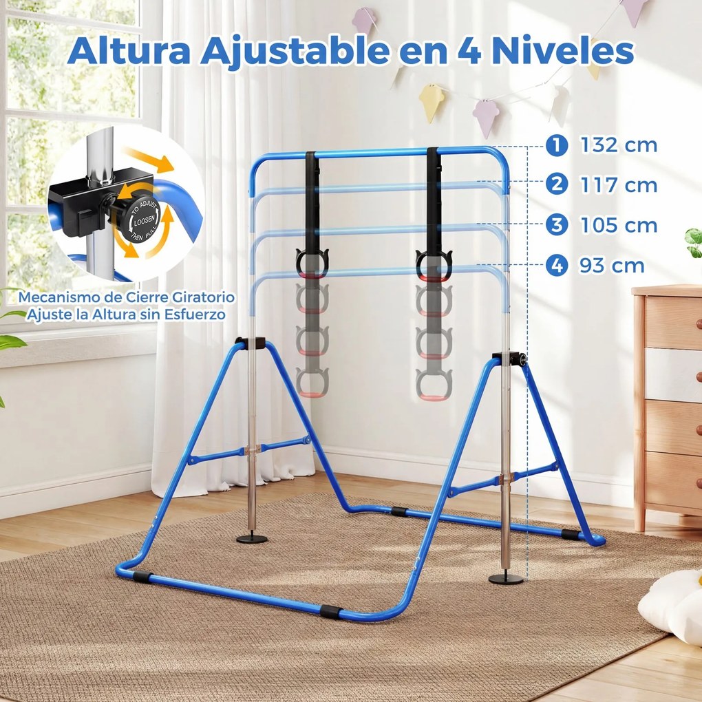 Barra de Ginástica para Crianças, 111,5 x 144,5 x 132 cm, Ajustável em 4 Níveis de Altura, Azul-escuro