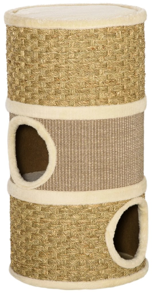PawHut Arranhador em Forma de Cilindro para Gatos com 3 Níveis Plataforma e Caverna Confortável 37,5x37,5x70 cm Marrom Claro e Bege