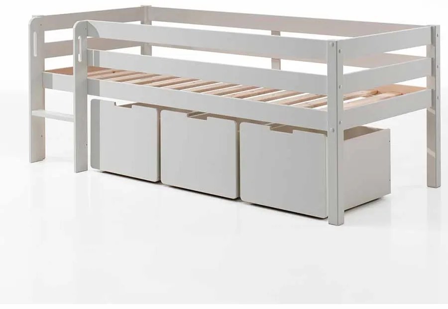 Conjunto Cama alta de Criança PINO 90 x 200 cm + estrado + escada + 3 gavetas Branca