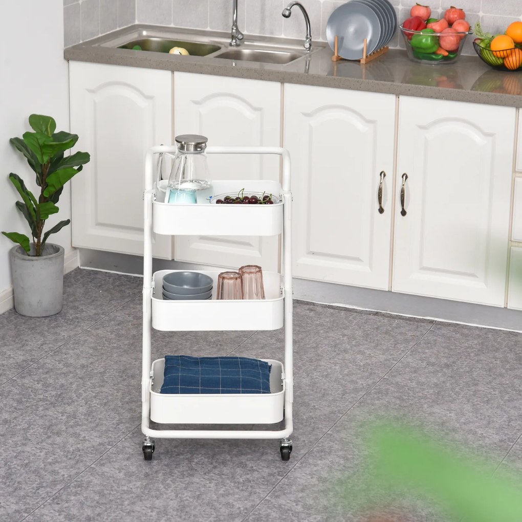 HOMCOM Carrinho Auxiliar de 3 Níveis com Rodas e 3 Prateleiras de Malha Metálica Carga de 20kg Branco 44x36x83cm