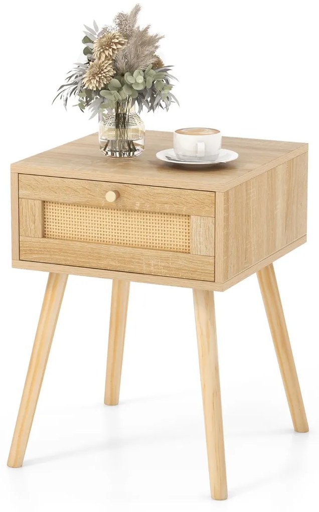Mesa-de-cabeceira Boho com decoração em vime tecido à mão para quarto e sala de estar 40 x 40 x 55 cm Natural