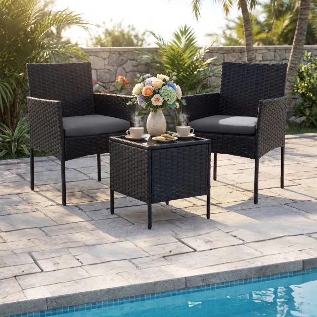 Conjunto de móveis de jardim de 3 peças em rattan com 2 cadeiras e Mesa auxiliar de vidro para terraço, pátio ou varanda Cinzento+Preto