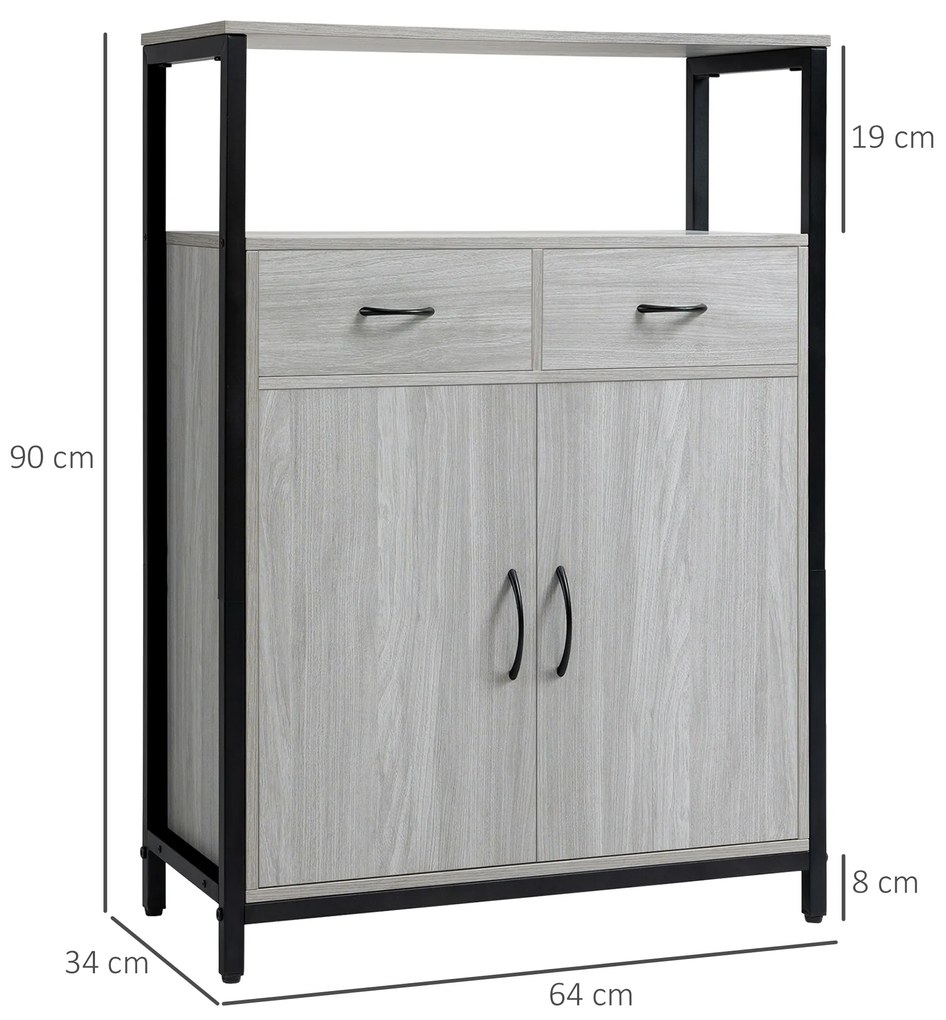 HOMCOM Armário de Sala de Estar com 2 Portas 2 Gavetas e Prateleira Ajustável Móvel Auxiliar de Armazenamento para Cozinha Sala de Jantar Dormitório Estilo Moderno 64x34x90cm Cinza