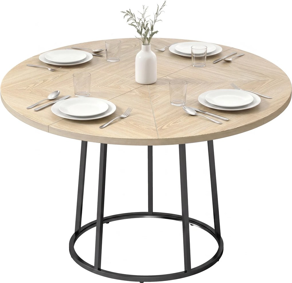 Mesa de jantar redonda para 4 a 6 pessoas, Ø 120 x 75 cm (CADEIRAS NÃO INCLUIDAS), mesa de cozinha com base cónica em metal, cor madeira natural
