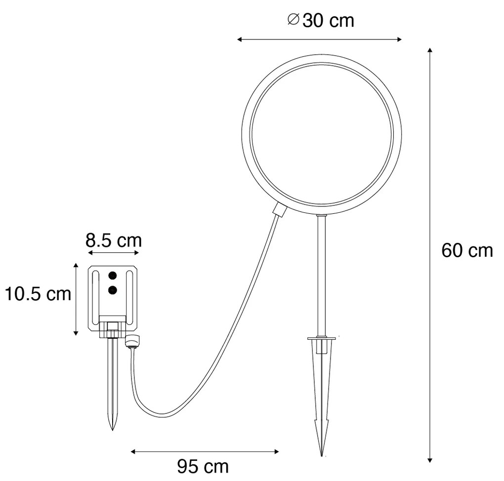 Conjunto de 2 postes de iluminação pretos de 60cm com LED recarregável e solar IP65 - Adalind