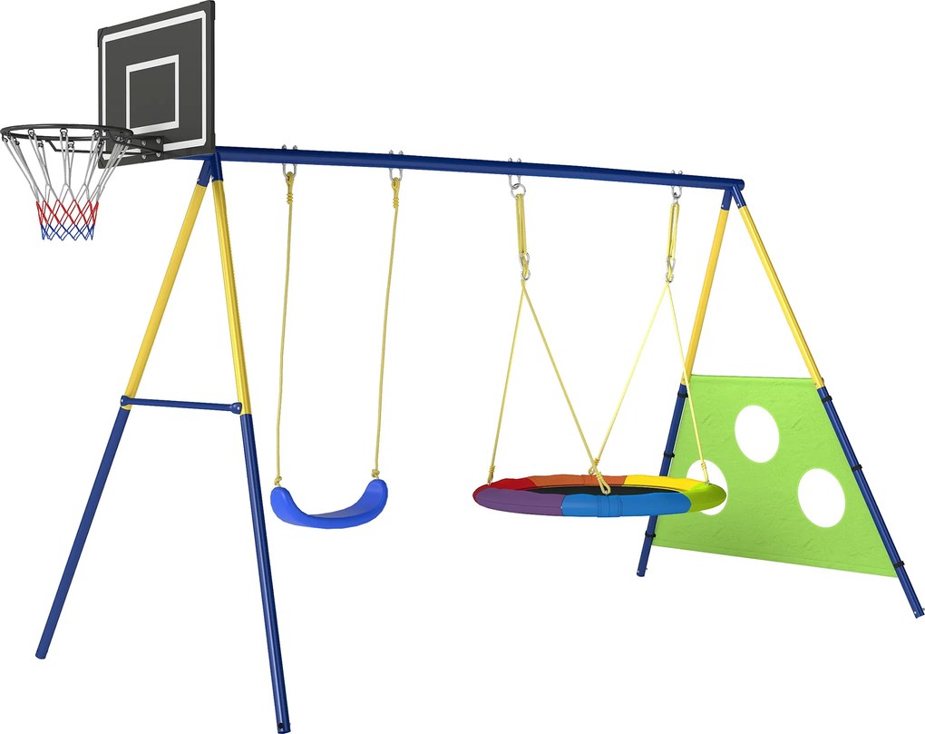 AIYAPLAY Estrutura para balanço 4-em-1 Conjunto até 150 kg com balanço ninho, cesto de basquete, gol de futebol, balanço em U 288 x 160 x 220 cm | Aosom Portugal
