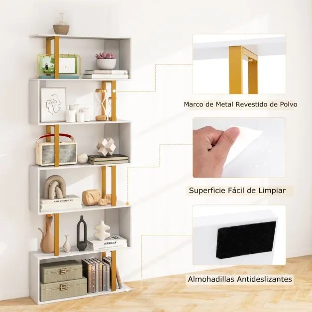 Estante geométrica em forma de S de 6 níveis 70 x 24 x 189 cm com estrutura metálica moderna Branco + Dourado