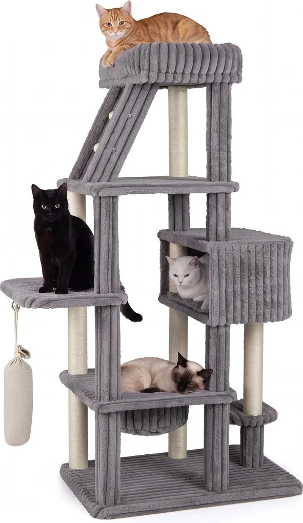 Árvore para Gatos Multinível, 91 x 61 x 180 cm, Base Ampla Antitombamento, Cinzento
