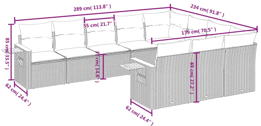 10 pcs conjunto sofás de jardim c/ almofadões vime PE preto