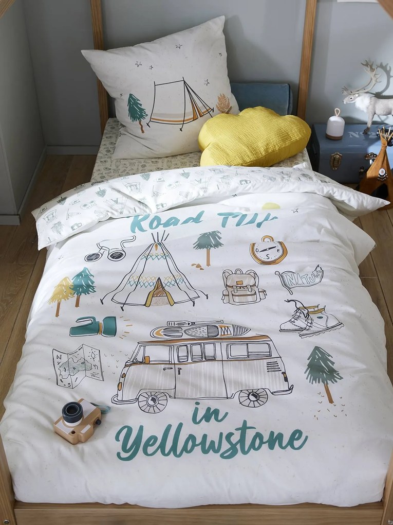Conjunto capa de edredon + fronha de almofada para criança, tema Yellowstone bege