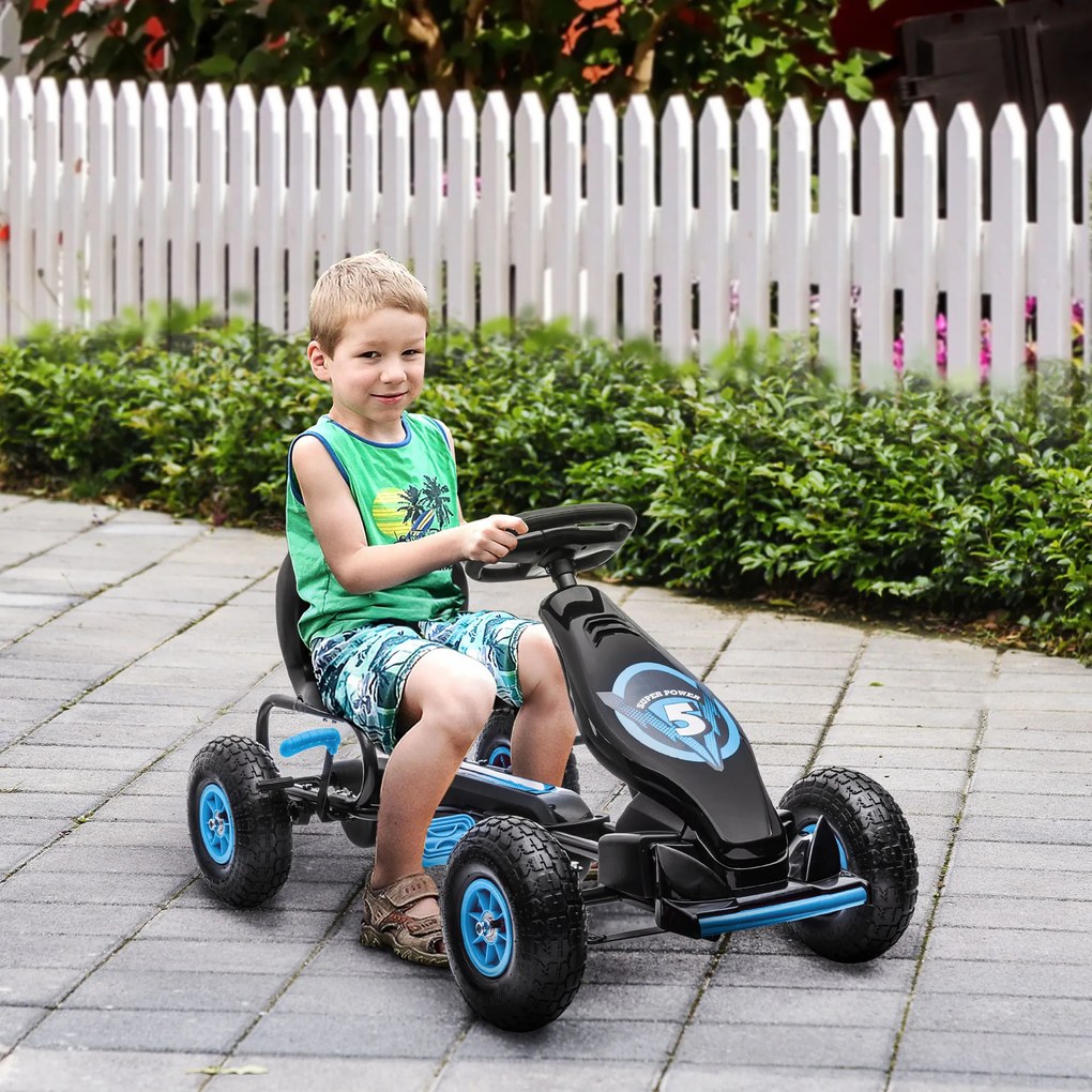 HOMCOM Kart a Pedais para Crianças 5-12 Anos Kart a Pedais Infantil com Assento Ajustável Pneus Insufláveis Amortecimento e Travão de Mão Carga Máx. 50kg 121x58x61cm Azul