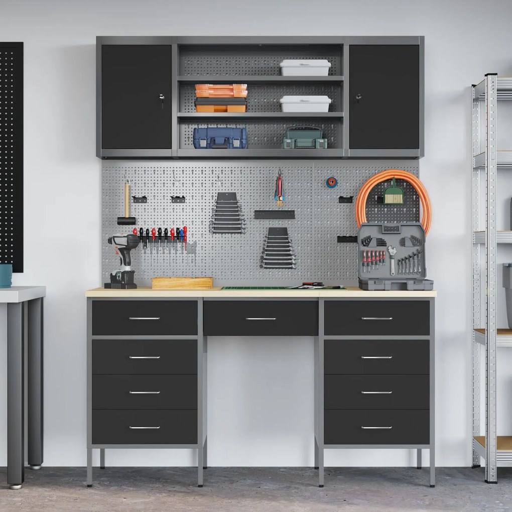 Conjunto de Armário e Painel de Ferramentas de 7 Peças vidaXL Preto em