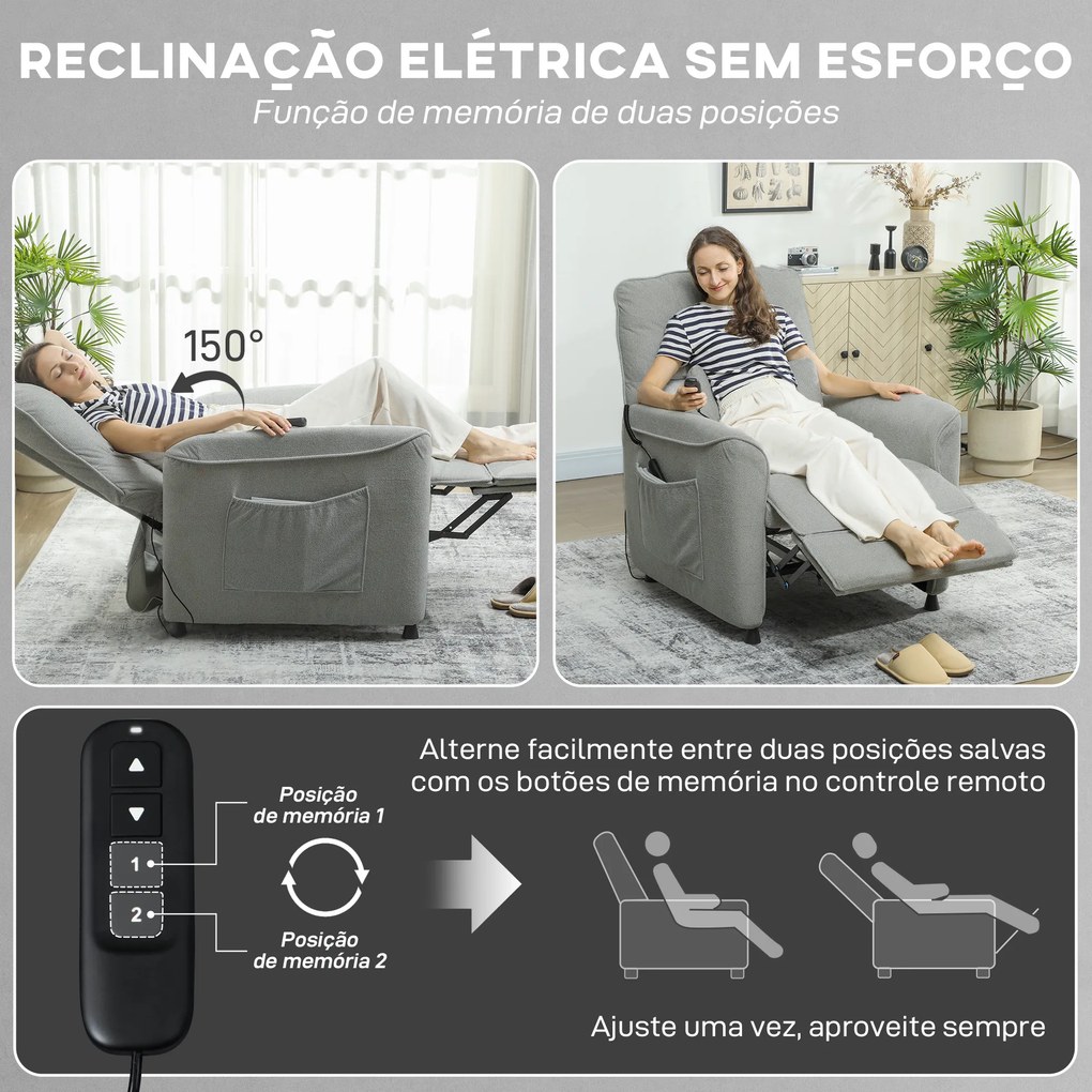 Poltrona Relax Reclinável Elétrica com Calor Lombar, Massagem Vibratória, Motor Silencioso e Função de Memória, Cinzento Escuro