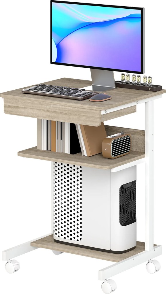 Secretária de computador com rodas, secretária com arrumação de 56 x 51 cm, com gaveta, compartimento e suporte para a unidade central, em carvalho