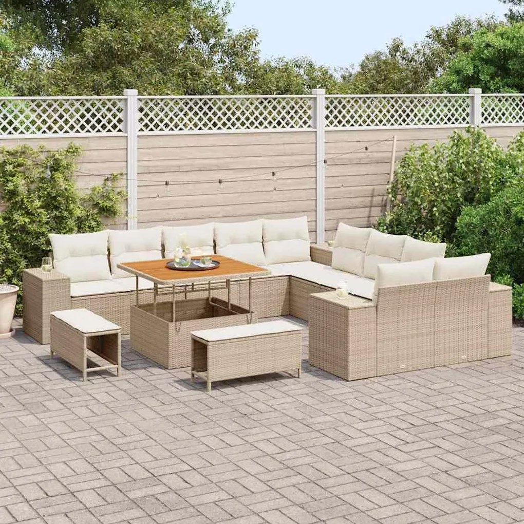 Conjunto de Sofá de Jardim vidaXL de 13 Peças com Almofadas Bege Ratta
