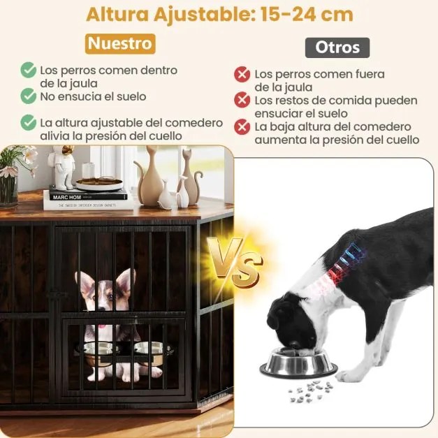 Gaiola de canto para cães 114 x 60 x 68 cm com comedouro ajustável, 2 tigelas de aço inoxidável, porta com fechadura e pés ajustáveis, castanho
