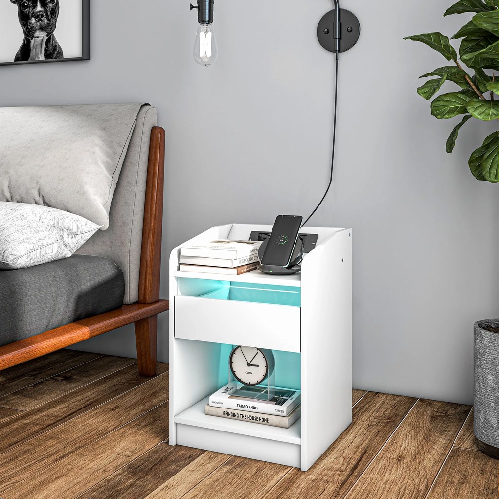 Mesa de Cabeceira com Luzes LED Gaveta Prateleira Estação de Carregamento Entrada USB e Controlo Remoto 40x40x58 cm Branco