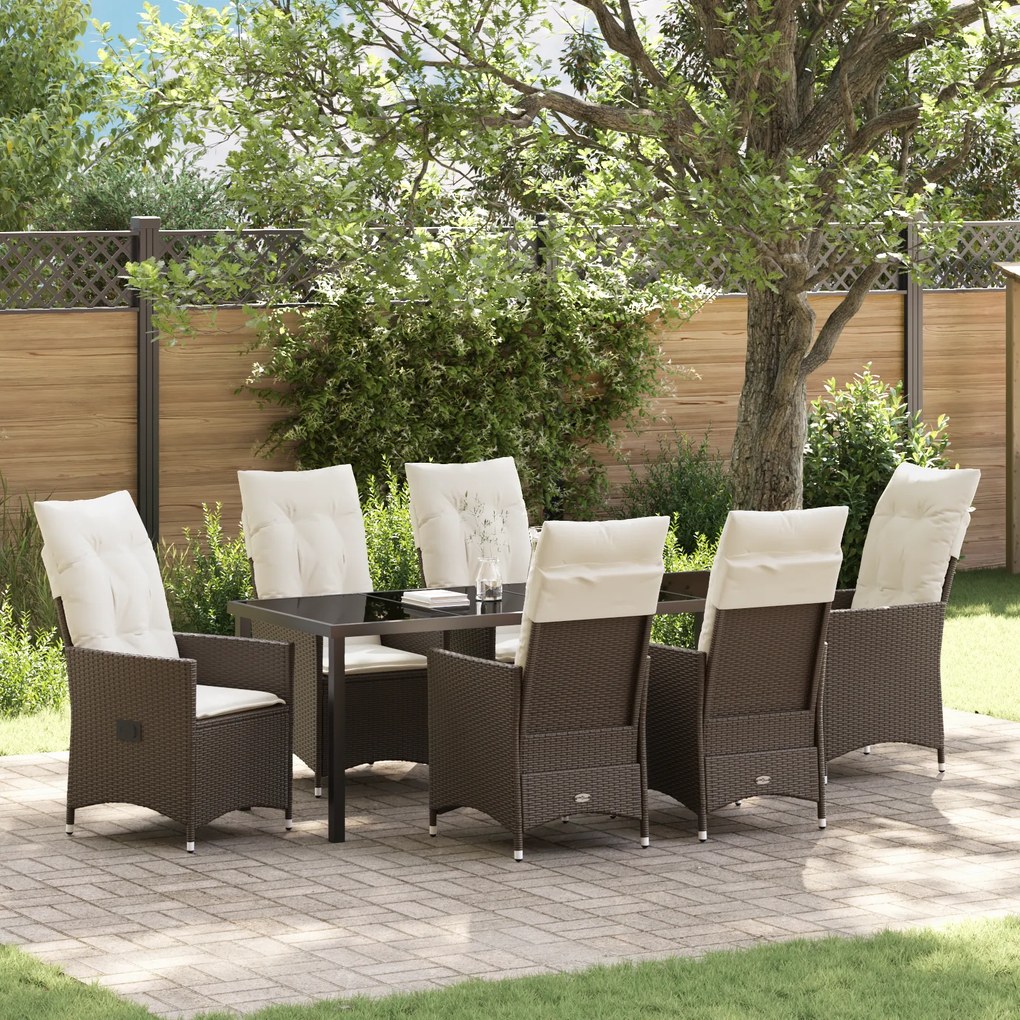 vidaXL Conjunto de Jantar de Jardim 7 Peças com Almofadas Marrom Polirattan