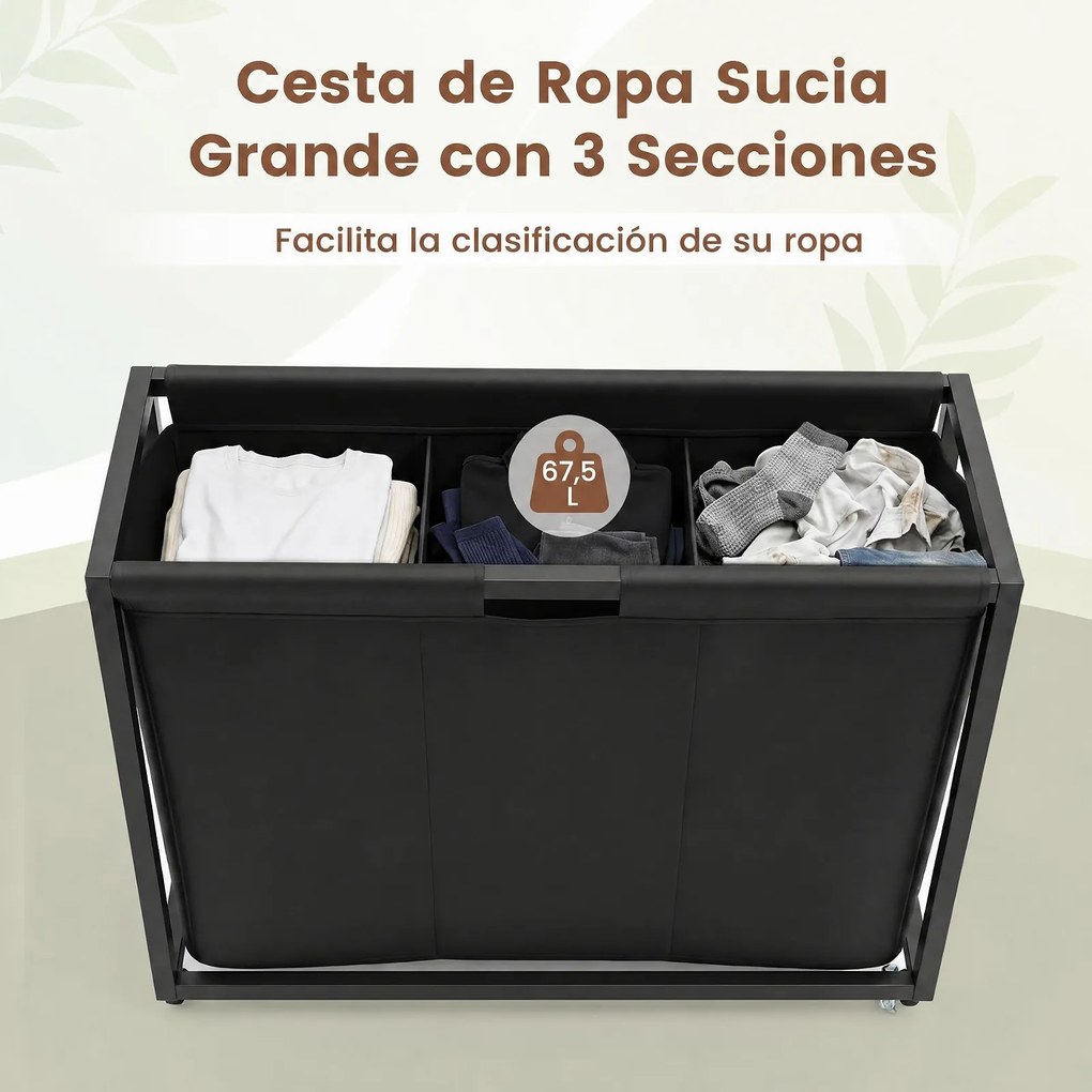 Cesto para Roupa Suja com Rodas, 80 x 32 x 77 cm, Três Compartimentos, Castanho