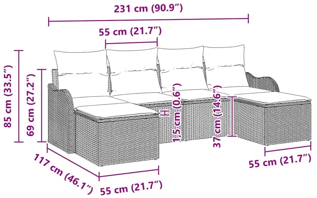 Conjunto de Sofás de Jardim com 6 Peças e Almofadas Beiges em Rattan S