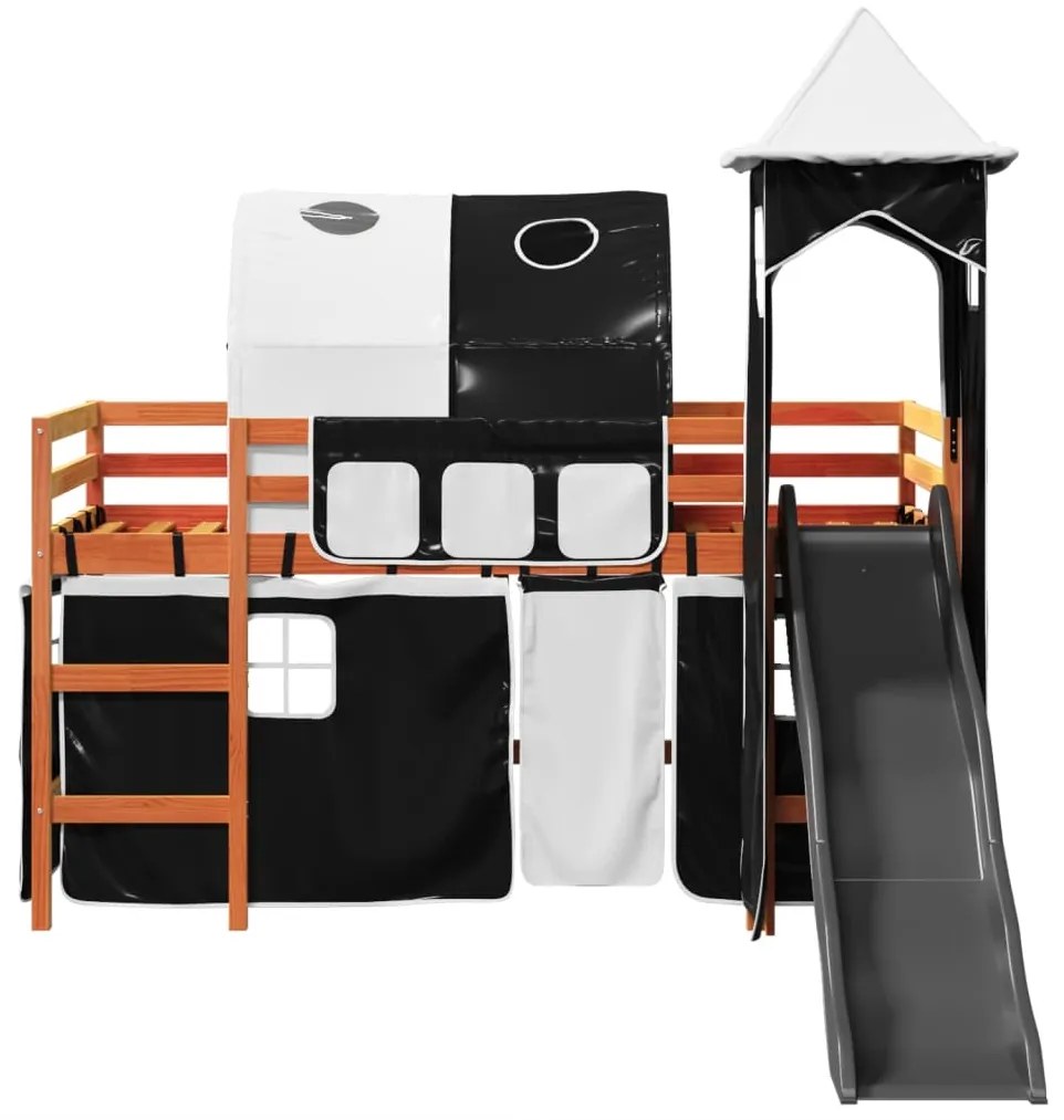 Cama alta criança c/ torre 90x200 cm pinho maciço branco/preto