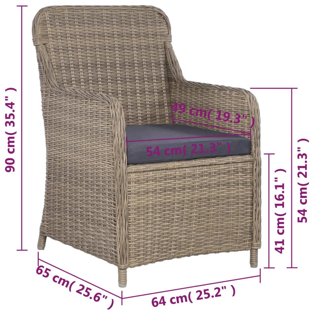 Conjunto bistrô com almofadões 3 pcs vime PE castanho