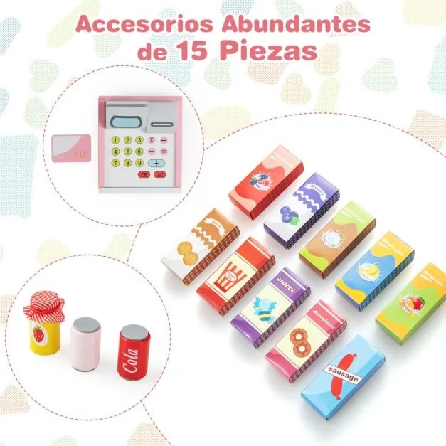 Supermercado infantil de madeira de supermercado com caixa registradora Máquina POS Vending para crianças de 3 a 8 anos Rosa