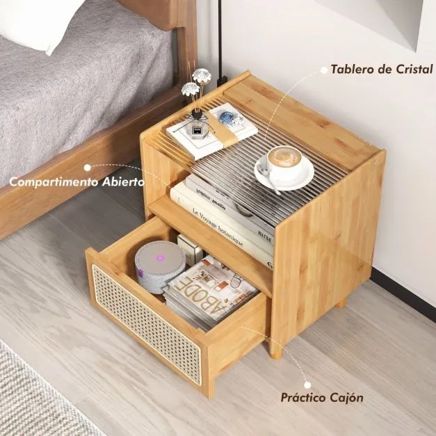 Mesa de cabeceira, Mesa de apoio de bambu e rattan com gaveta e pernas de madeira maciça 43 x 35 x 50 cm Natural