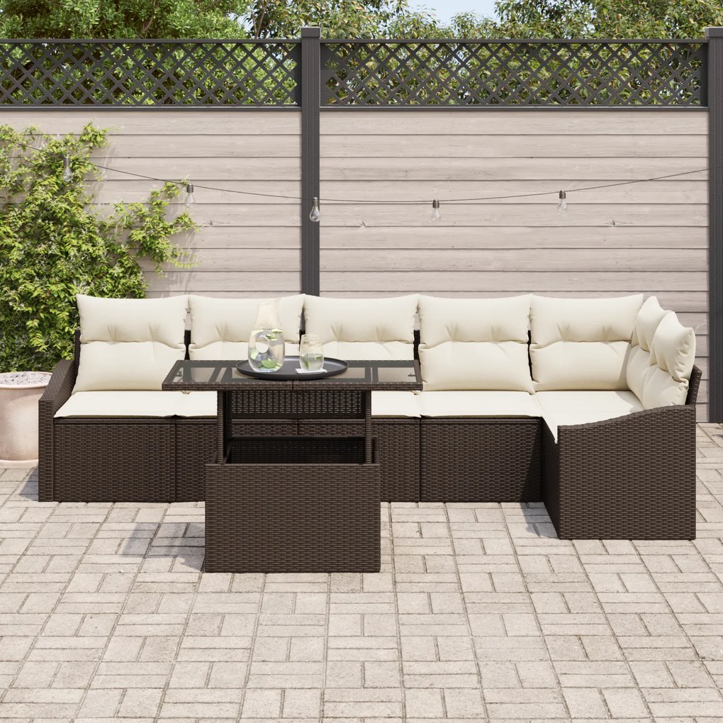 Conjunto de Sofás de Jardim de 7 Peças com Almofadas Castanho em Ratta