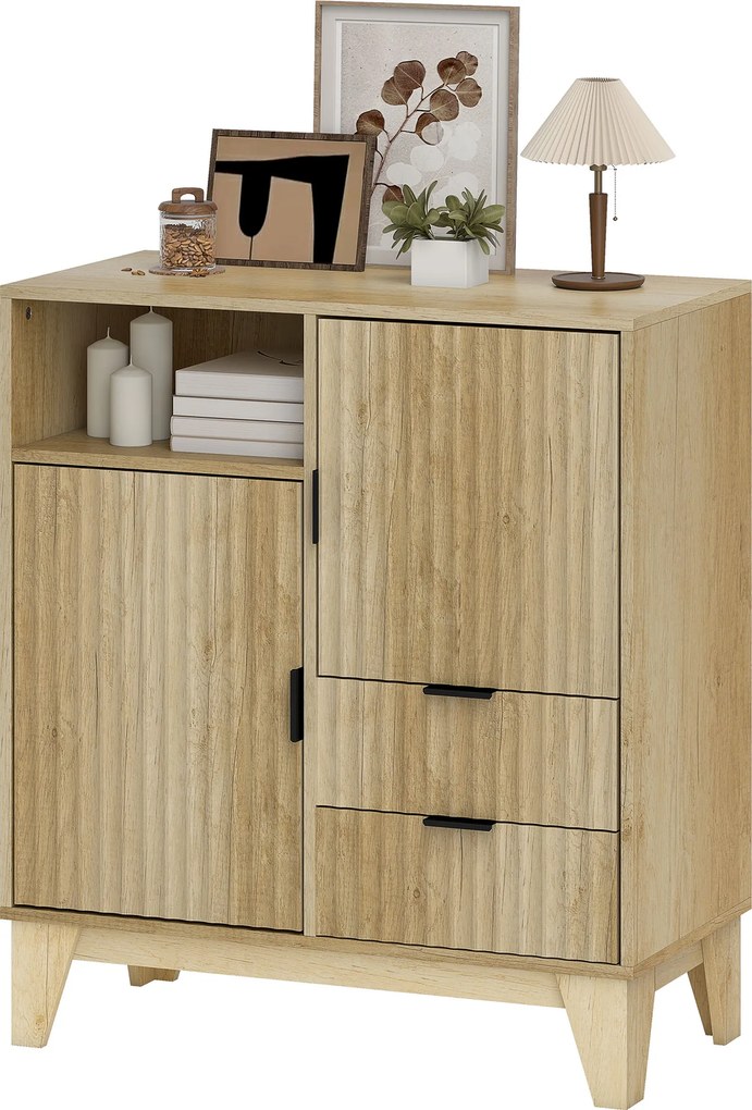Aparador de sala, móvel de arrumação, 2 portas, 2 gavetas, prateleira ajustável, compartimento aberto, 80 x 40 x 90 cm, cor natural