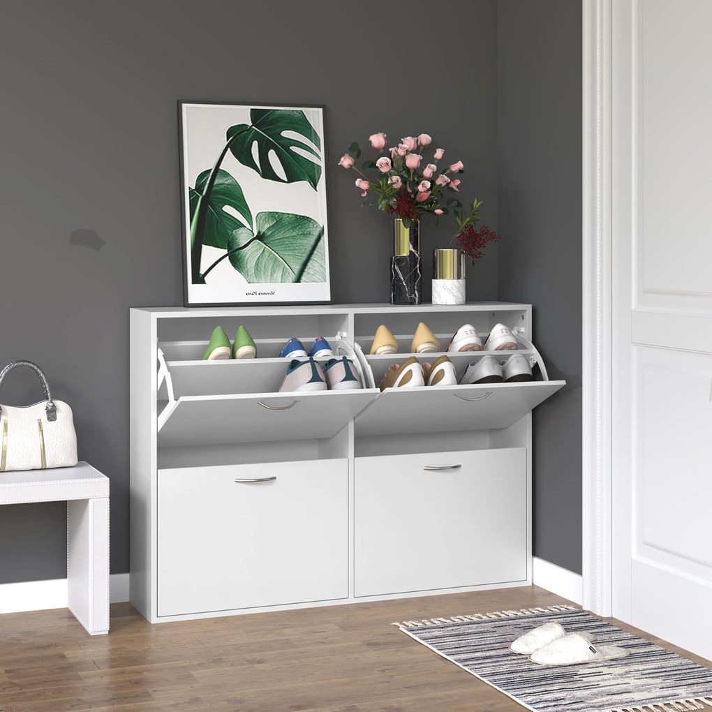 HOMCOM Móvel Sapateira Branca Sapateira Moderna com 4 Gavetas Abatíveis e Prateleiras Ajustáveis para 16-24 Pares de Sapatos para Corredor Entrada 120x24x81 cm Branco