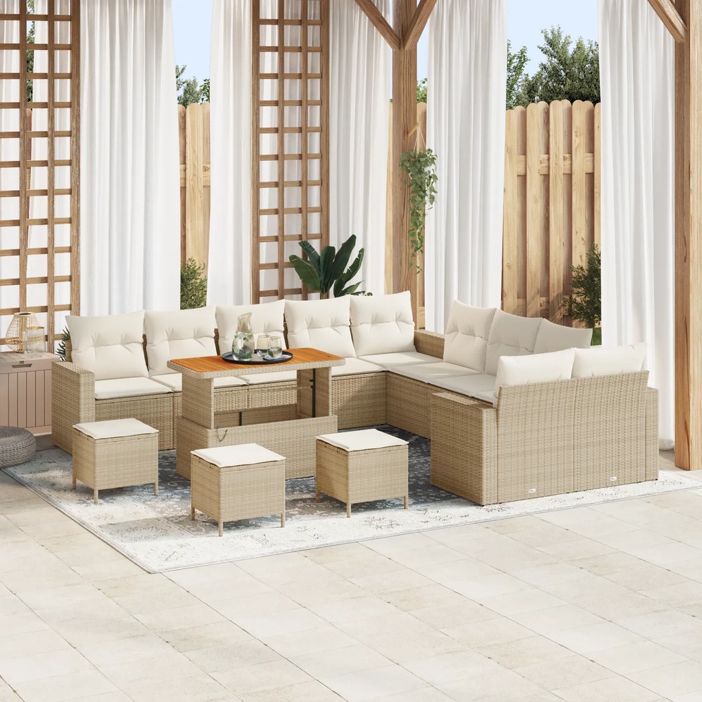 Conjunto de Sofá de Jardim vidaXL com Almofadas Bege Rattan Poliéster