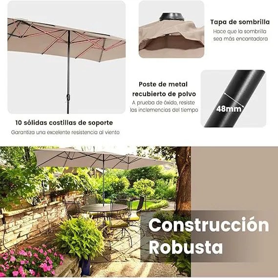 Guarda-sol Duplo 426x265cm Grande com Manivela Proteção Solar UV e Teto Ventilado Guarda-sol para Jardim Praia Café