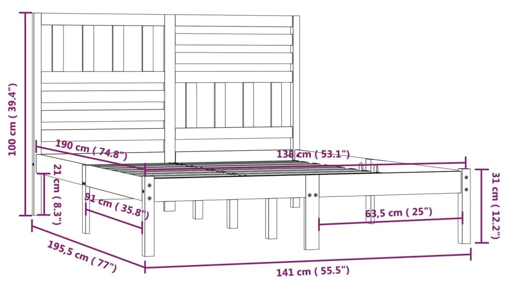 Estrutura de cama de casal 135x190 cm pinho maciço branco