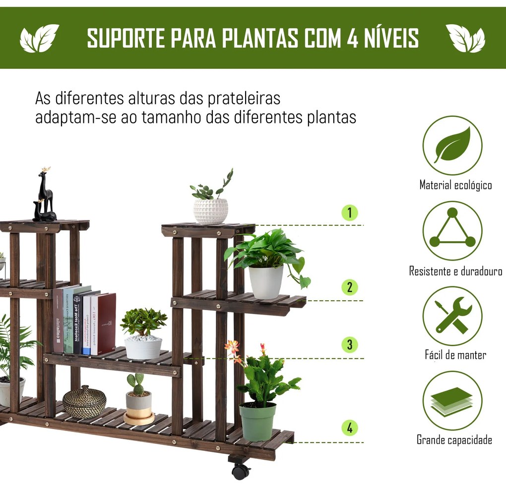 Suporte para Plantas de 4 Níveis com Rodas Suporte para Vasos de Plantas 123,5x33x80 cm Castanho Escuro