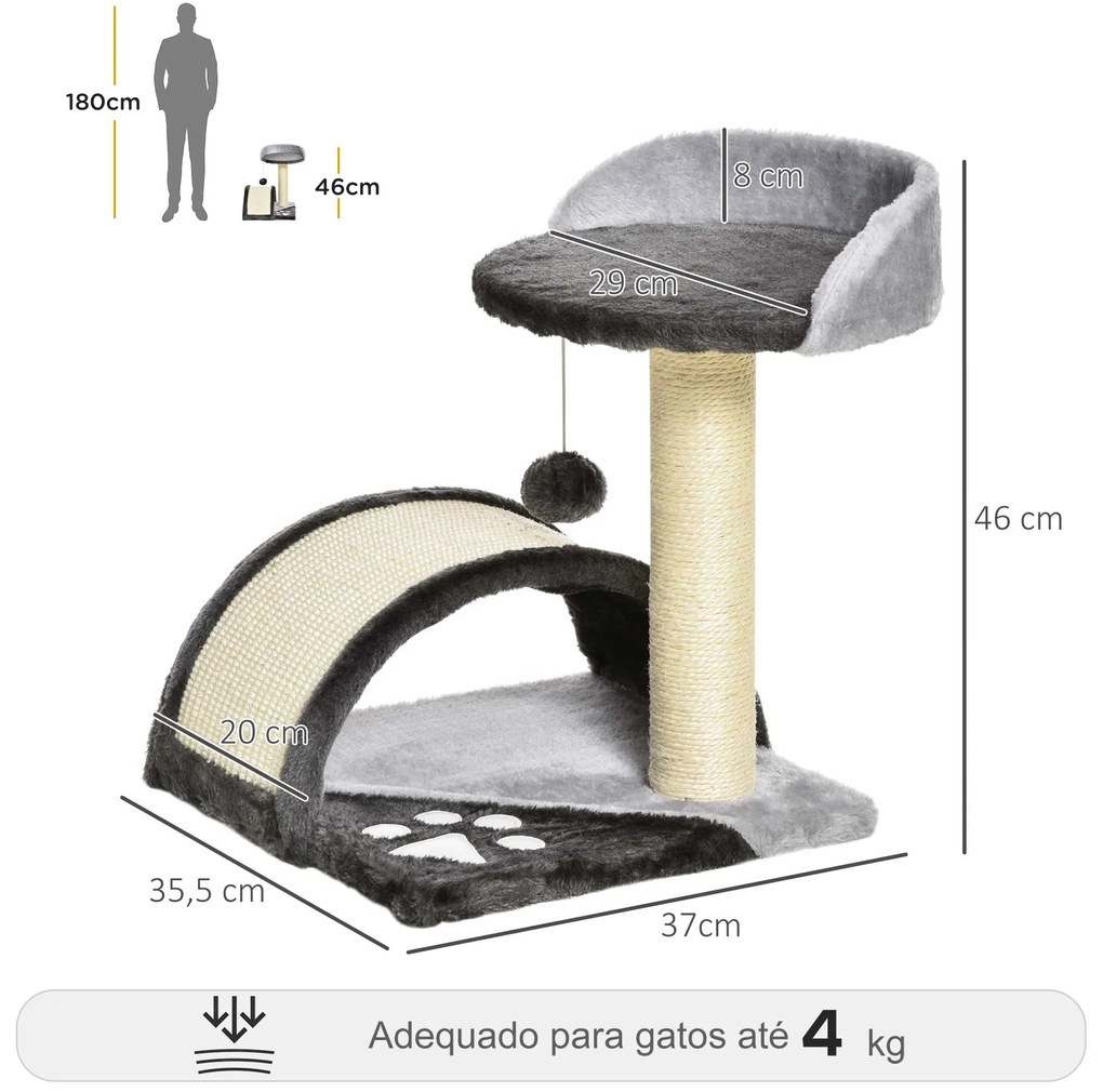 PawHut Árvore Arranhador para Gatos de 2 Níveis com Poste e Tapete de Arranhar Cama e Bola Suspensa 35,5x37x46 cm Cinza