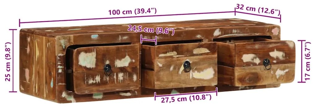 Armário de TV para parede 100x32x25cm madeira recuperada maciça