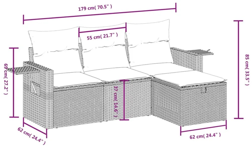 4 pcs conj. sofás jardim c/ almofadões vime PE cinzento-claro