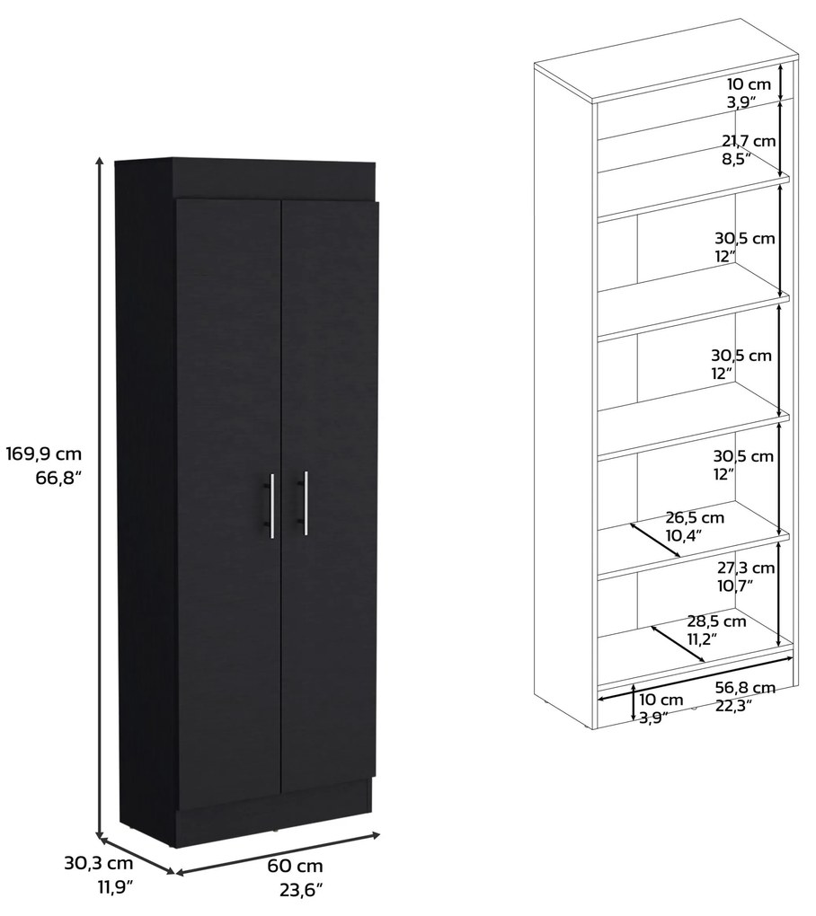 Armário cozinha em melamina Nepal com 2 portas e 4 prateleiras 169,9 x 60 x 30,3 cm, Preto