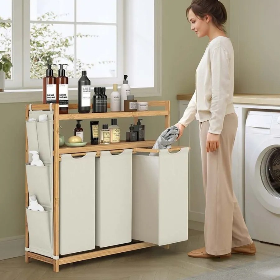 Cesto da roupa suja com vários compartimentos e prateleiras práticas 94 x 33 x 98 cm Creme